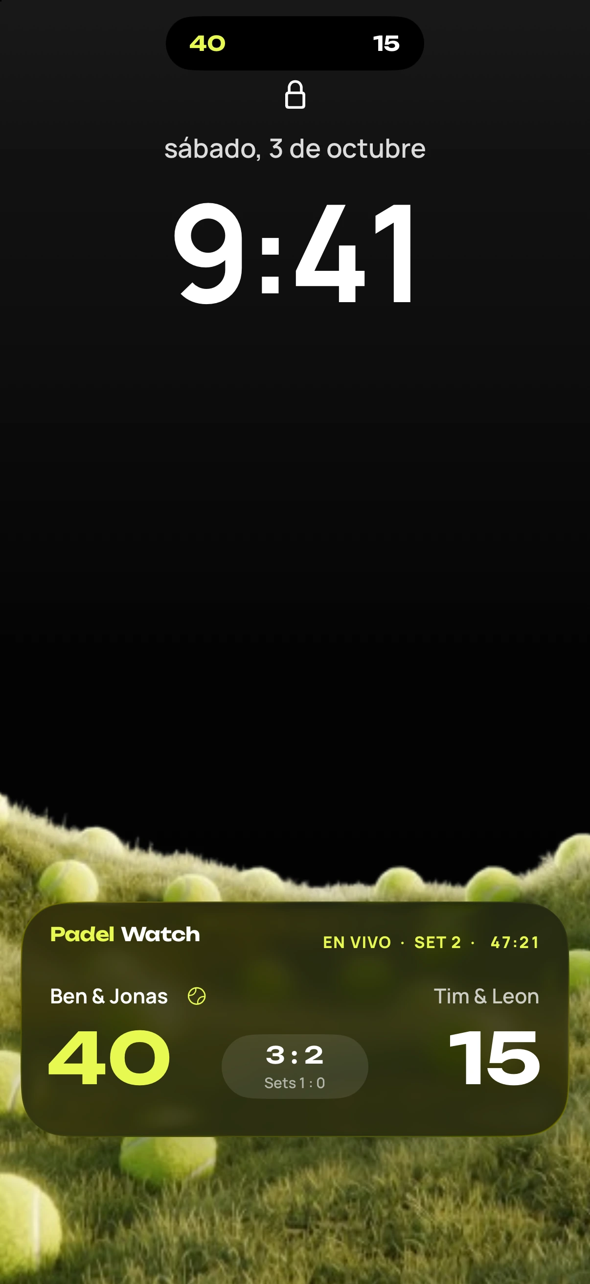 Pantalla de bloqueo del iPhone con la Actividad en directo de ScoreWatch