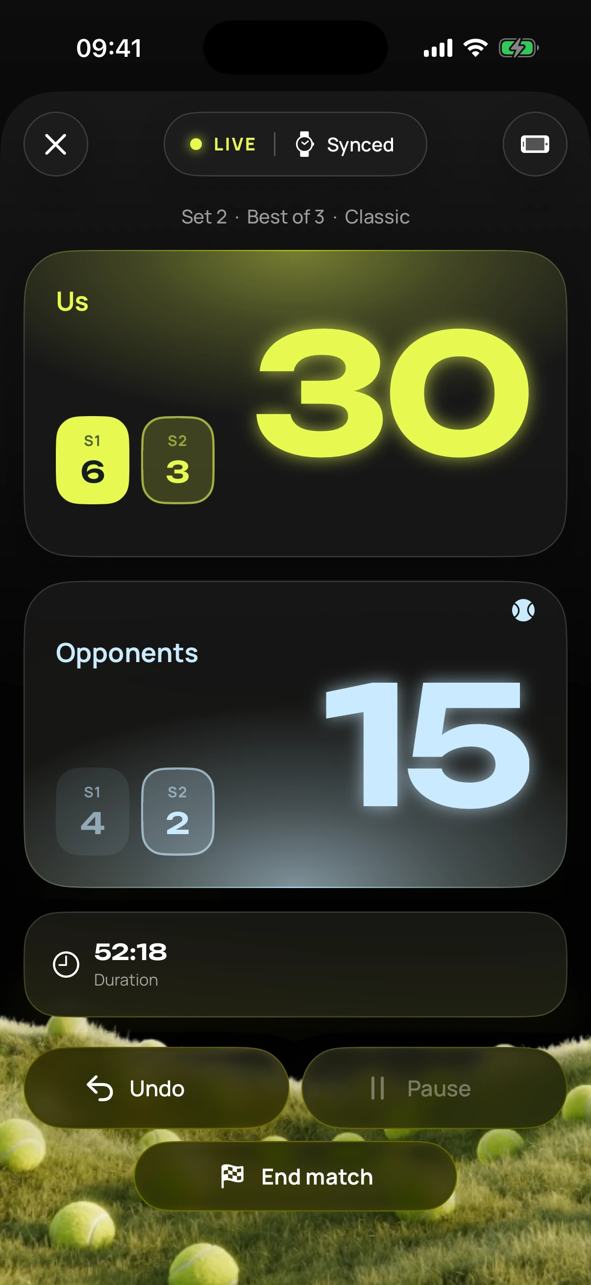 iPhone showing the live display: us 30, them 15, set 2