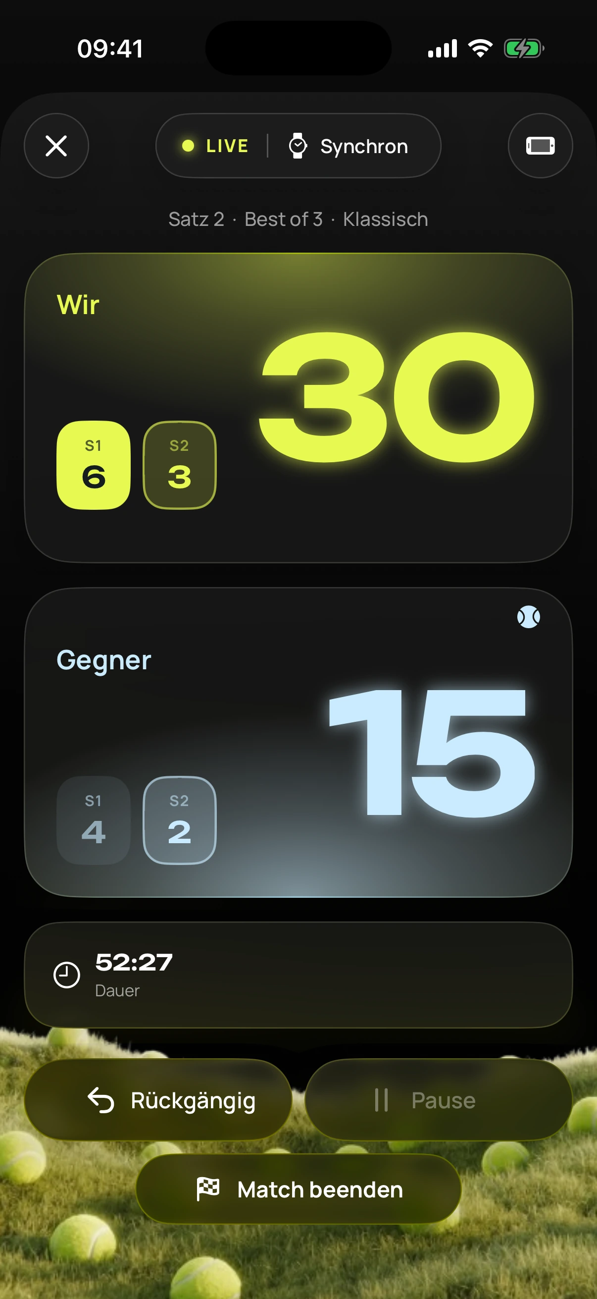 iPhone mit dem Live-Display: Wir 30, Gegner 15, Satz 2