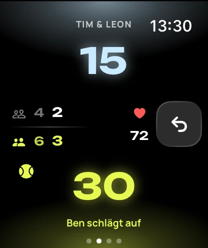 Apple Watch beim Zählen: Wir 30, Gegner 15, Ben schlägt auf