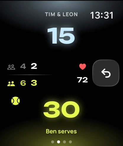 Apple Watch keeping score: us 30, them 15, Ben serving
